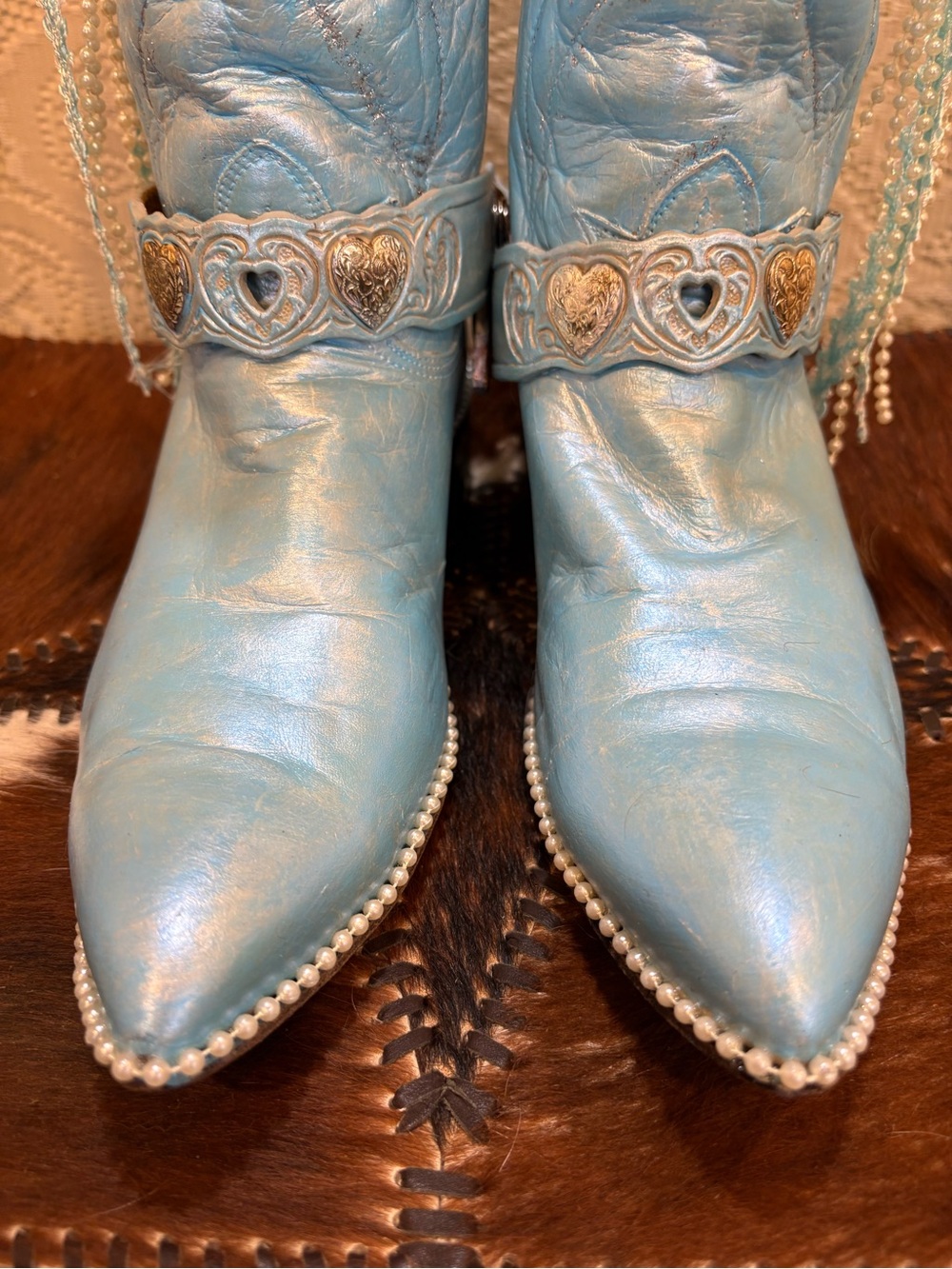 Handcrafted Tony Lama Metallic Light Blue Western Heart Accent Bridal Bling Boot - Picture 3 of 13